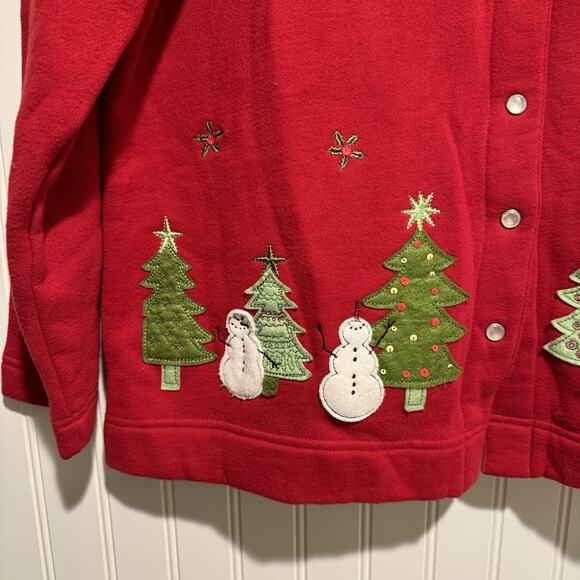 Classic Elements Red Christmas Tree Snowman Cardigan Sweatshirt Large Petite - Picture 2 of 6